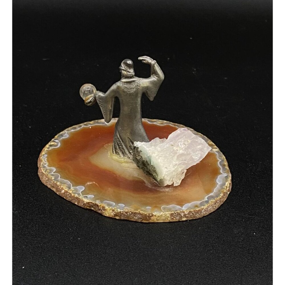 Pewter Wizard Mounted on a Sliced Geode Agate Figurine Crystal Ball - Picture 2 of 12